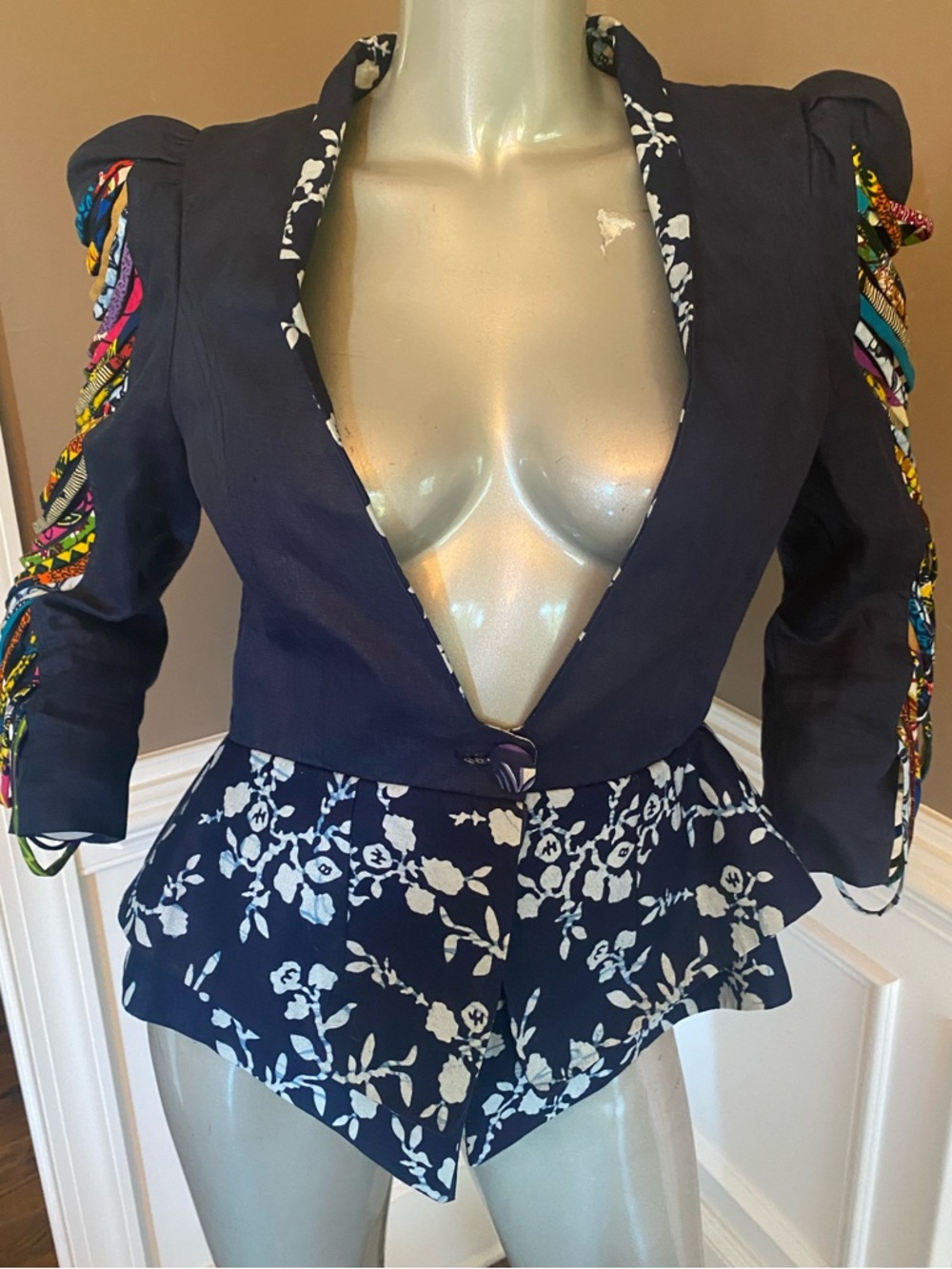 Christie Brown Navy Floral Peplum Jacket Colorful fringe Sleeve Accent UK 12 US8